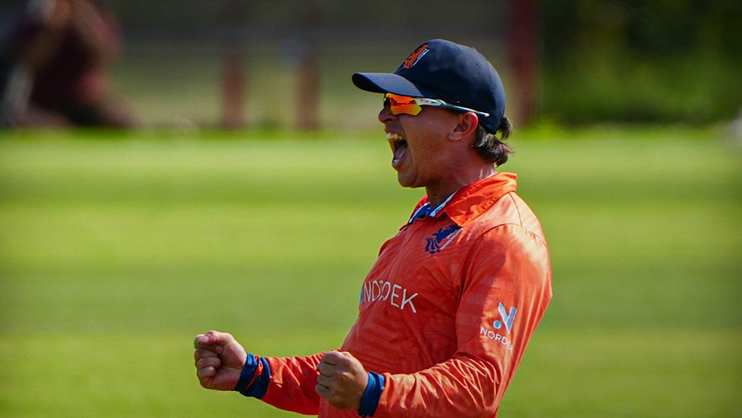 Noah Croes reaction after taking a brilliant catch. - Photo: X | Cricket Netherlands